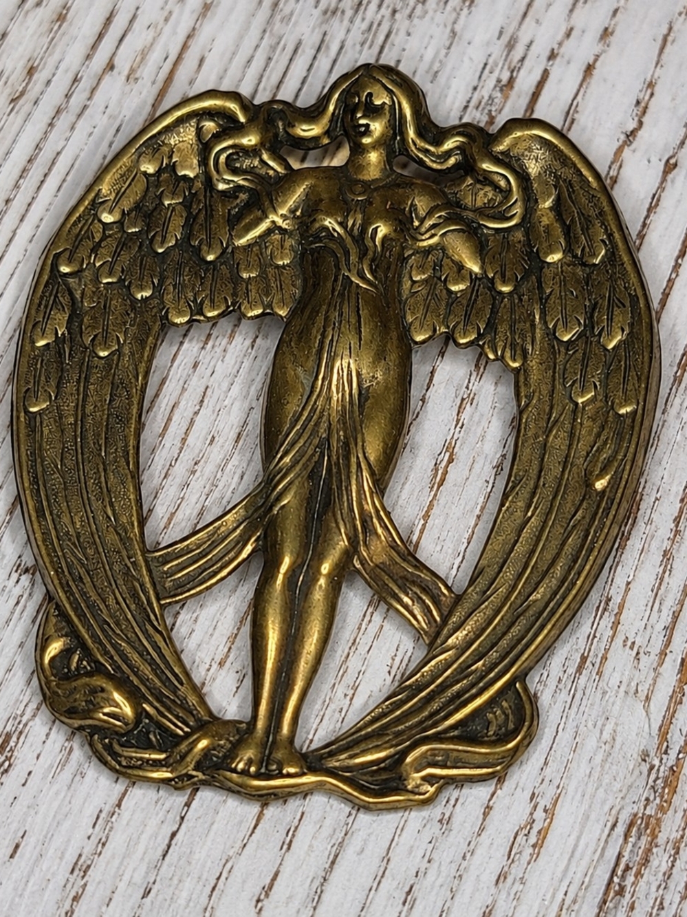 Vintage Art Nouveau Style Angel Goddess Brooch Large Gold Tone Winged Maiden Pin